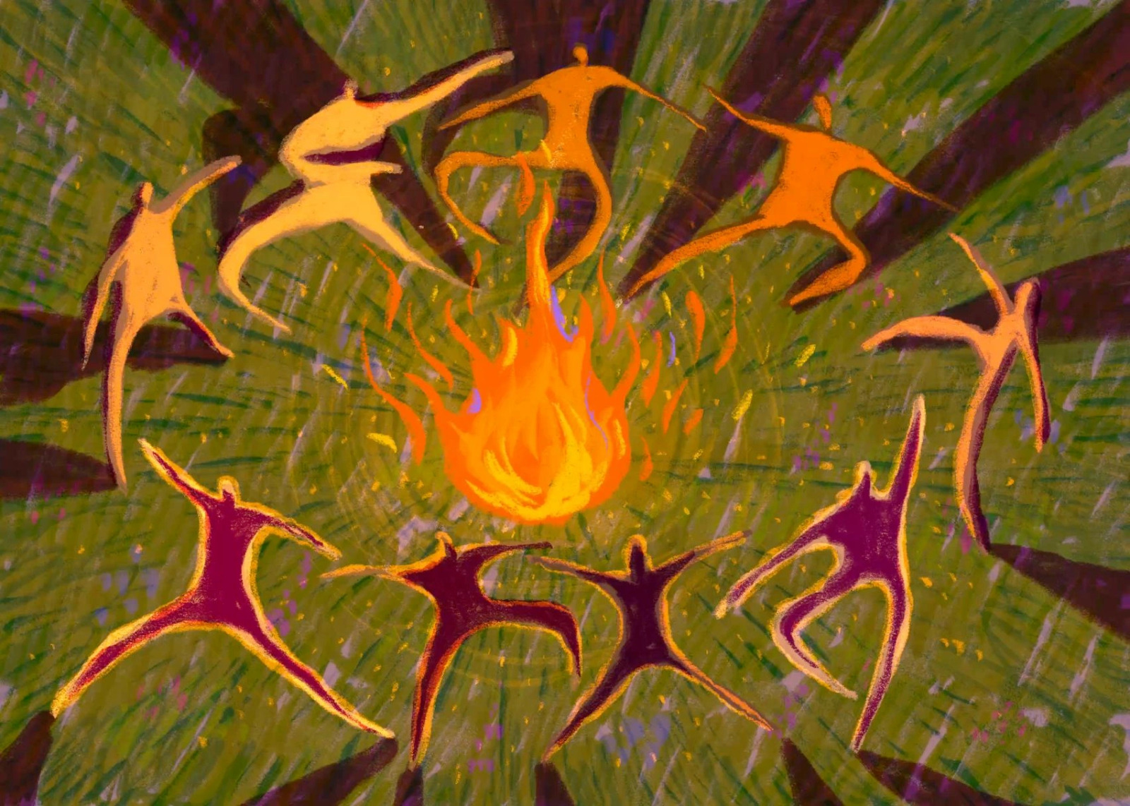 Illustration of a group dancing around the fire
